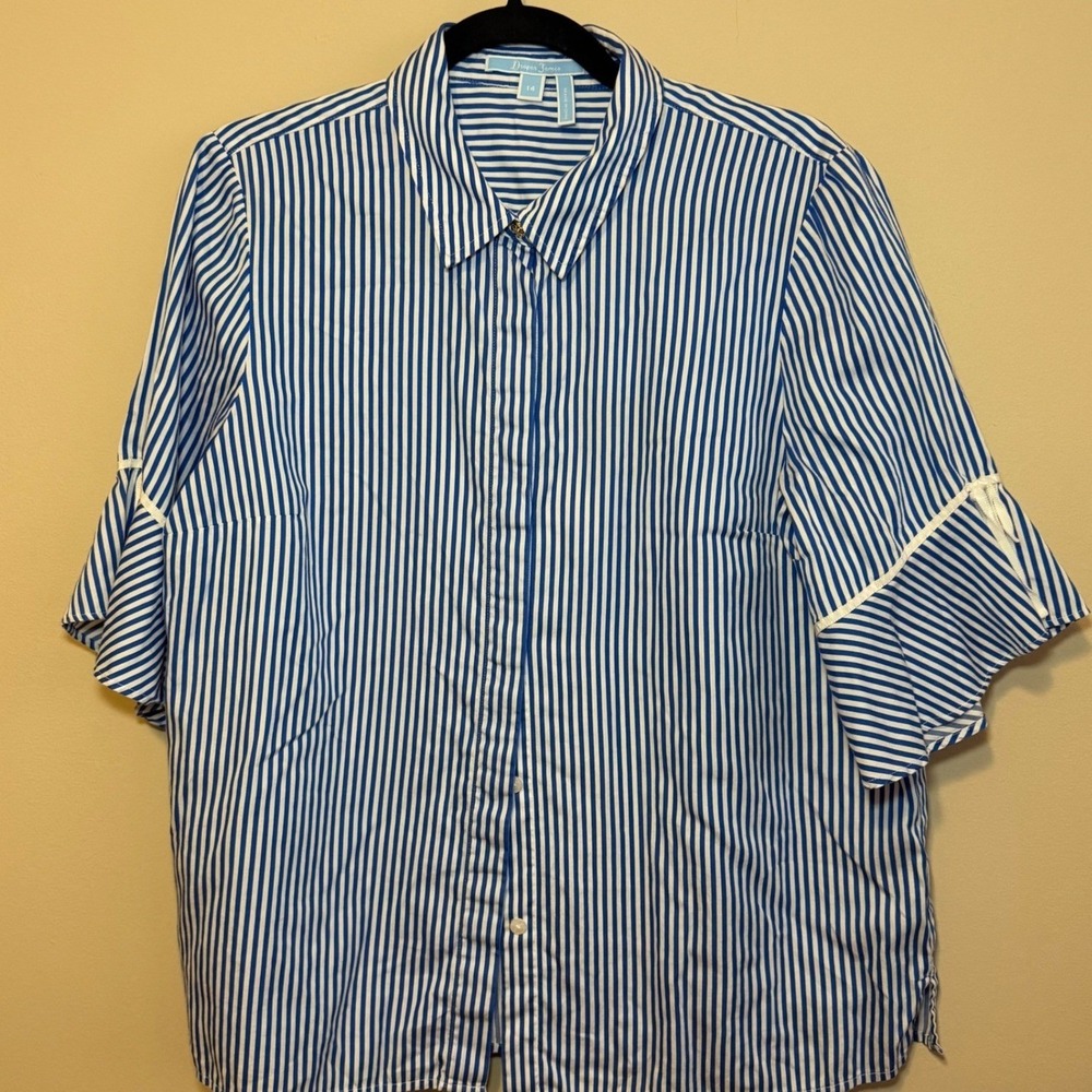 Draper James Blouse Blue White Striped Bell Sleeve Cotton 14